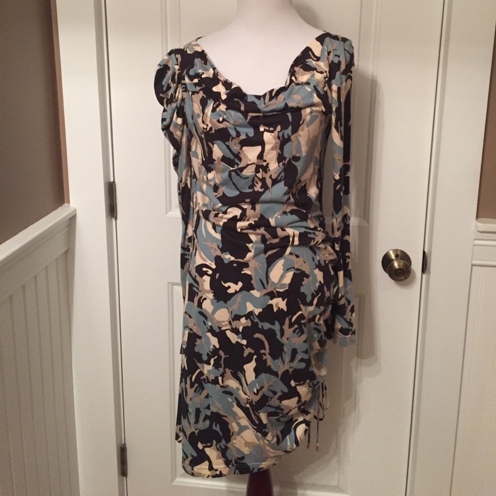 ALICE BY TEMPERLEY DRESS SHEATH BLUE CREAM ABSTRACT RUCHED Size 6